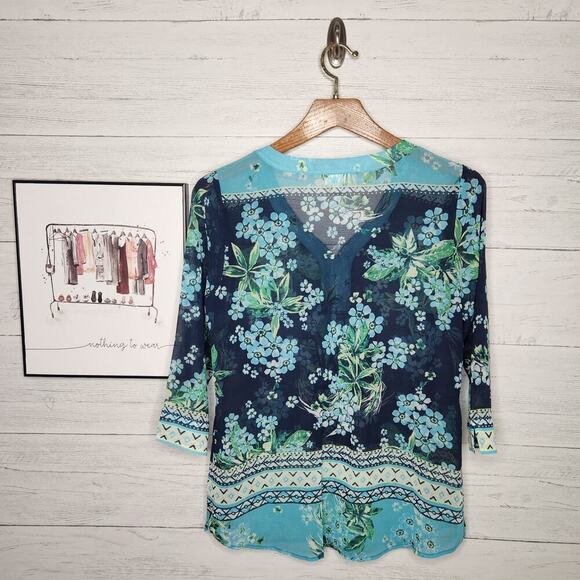 J. Jill Size Small Blue & Green Floral Print V-Neck Tunic Blouse - Picture 2 of 12
